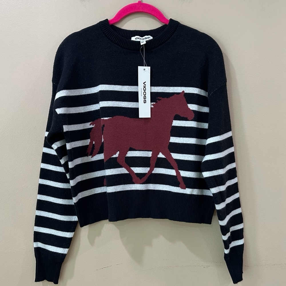 NWT Vigoss Black White Stripe Horse Icon Crop Pullover Sweater Top Women Large